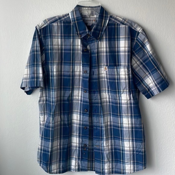 Carhartt shirt men’s blue white plaid size medium short sleeve button up - Picture 1 of 8